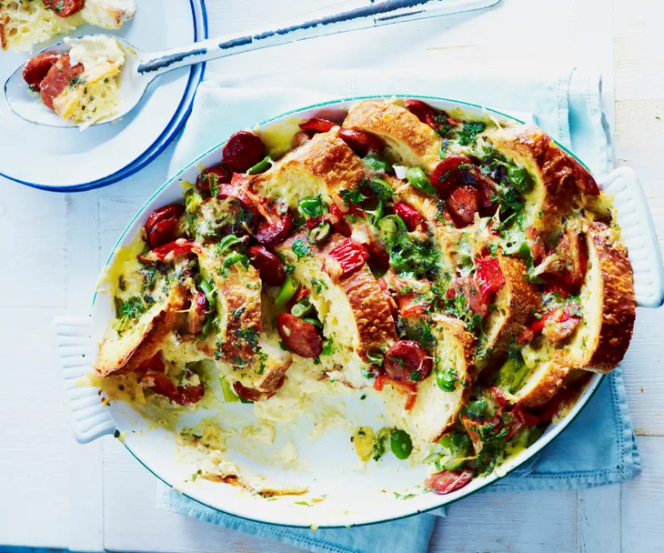 chorizo, capsicum and green olive savoury bread pudding