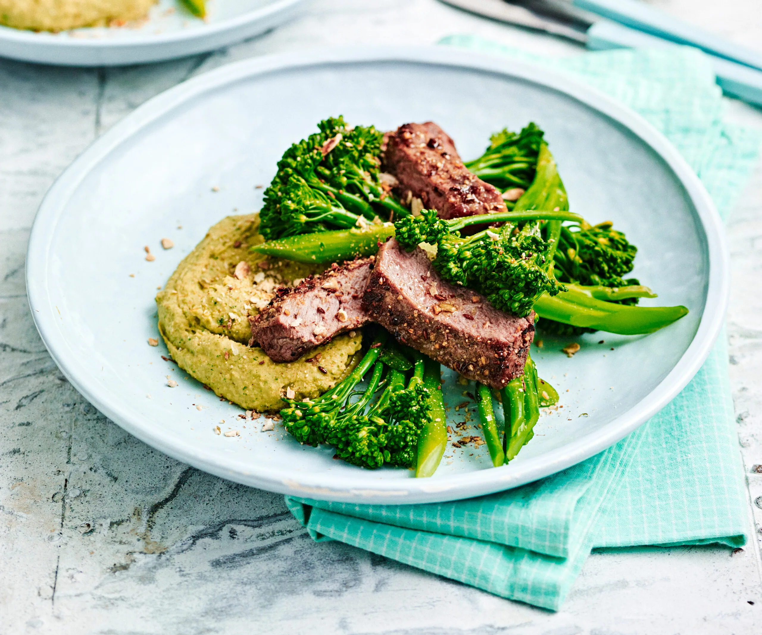 Cumin-spiced steak with white bean hummus