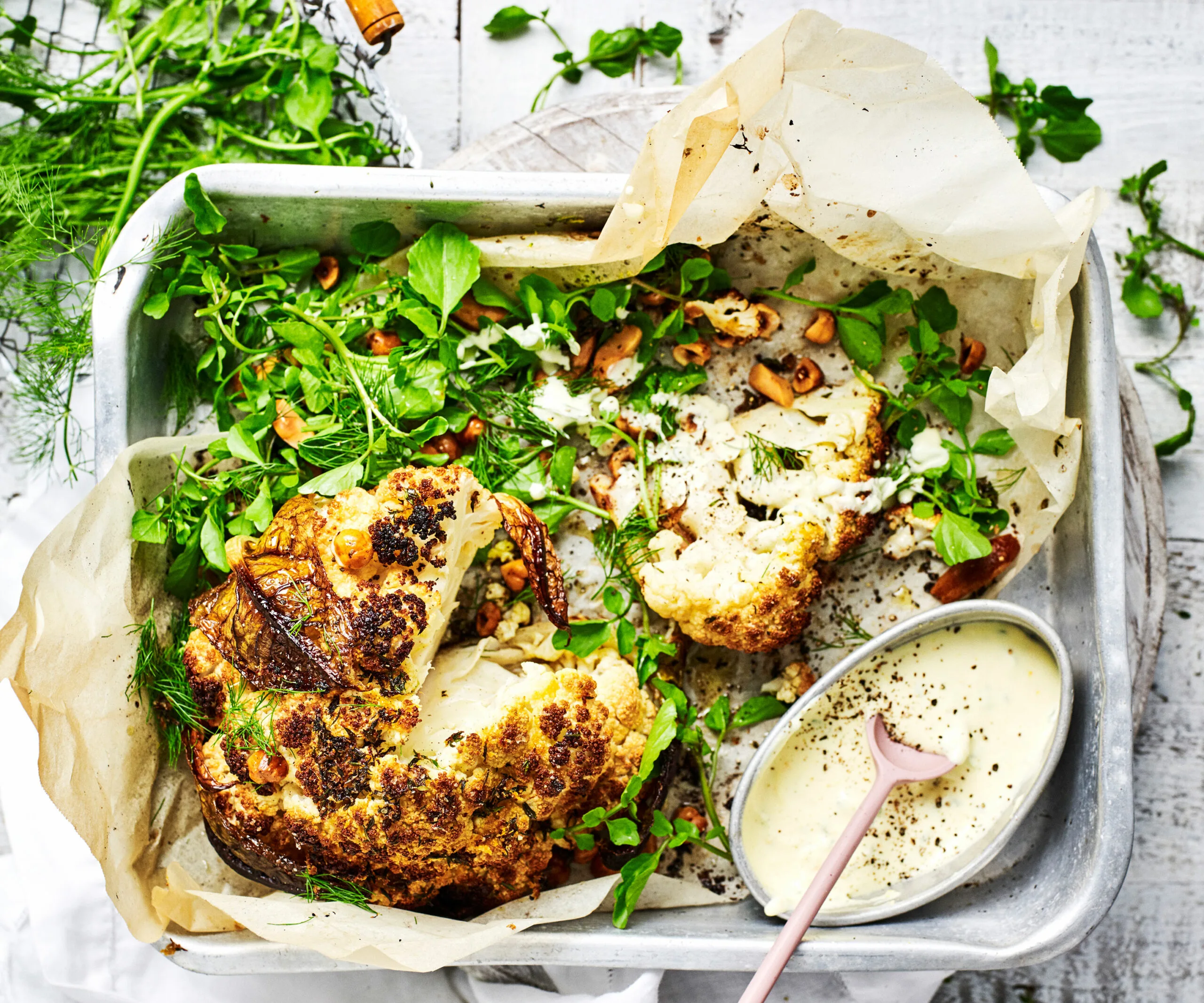 Whole roasted cauliflower with creme fraiche dressing-image