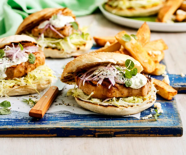 Greek-style pork steak sandwiches