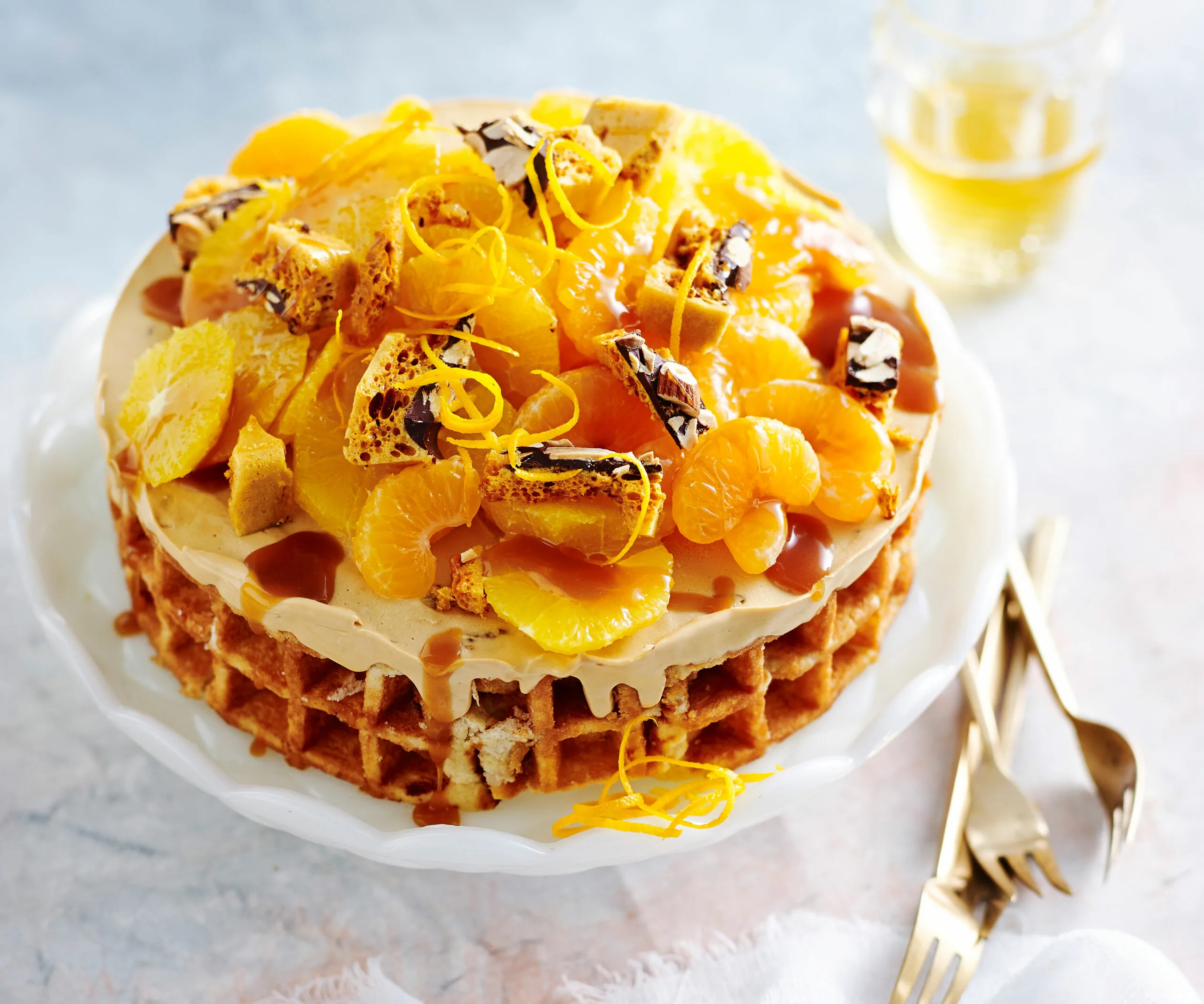 Chocolate caramel semifreddo with honeycomb and mandarin