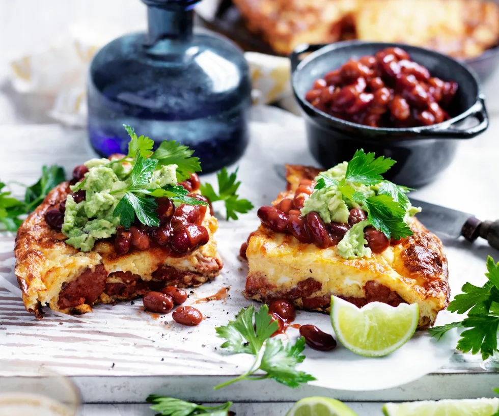 chorizo and tomato omelette with chilli beans