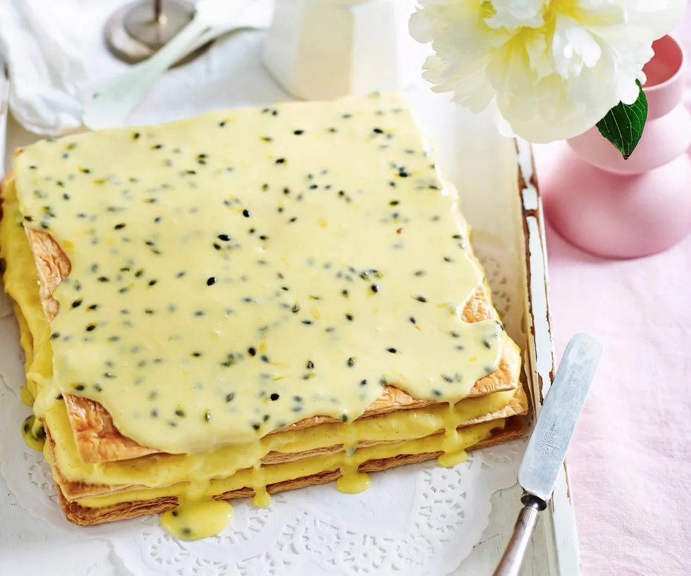 Vanilla slice with passionfruit icing