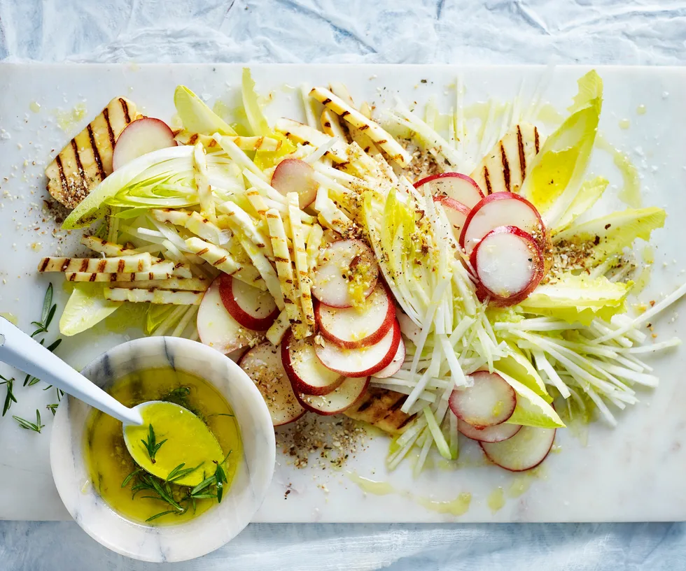 Grilled haloumi salad recipe with nectarine & kohlrabi