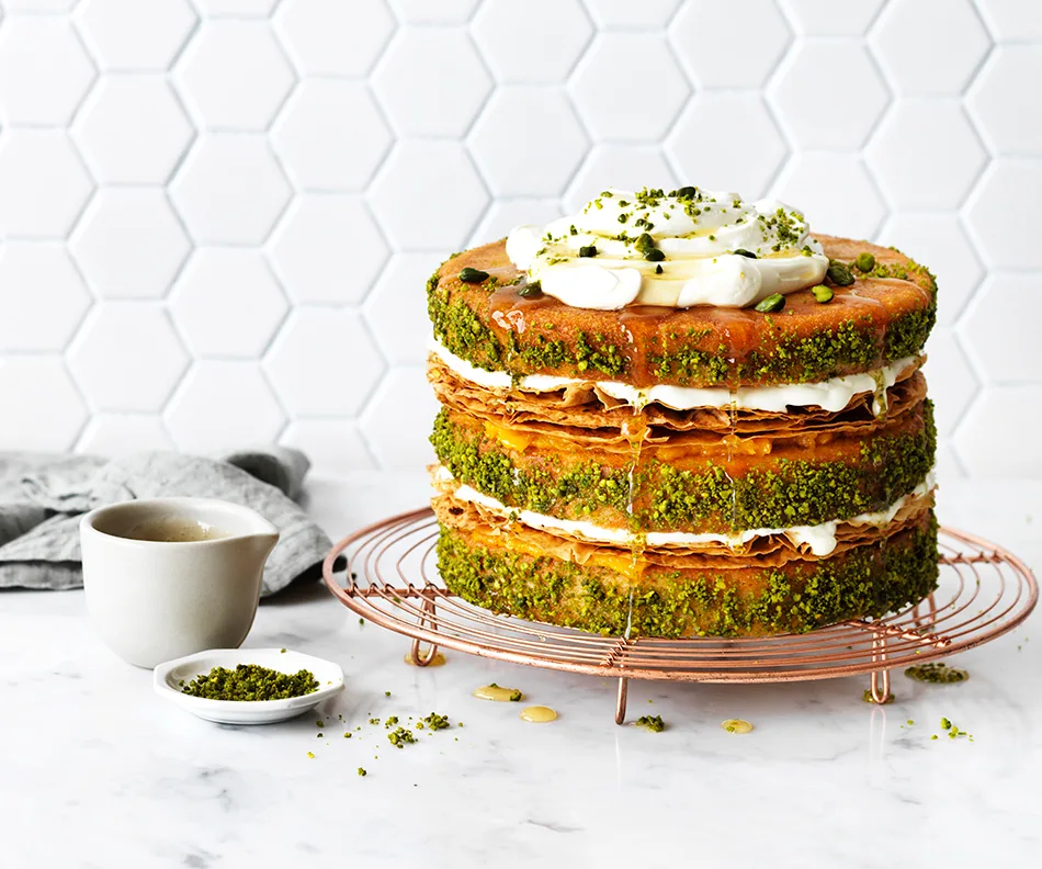 Pistachio and apricot baklava cake