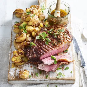 roast picanha (beef rump cap) with smashed potatoes