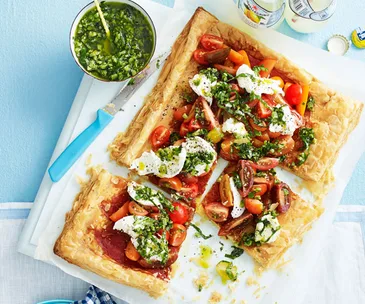 Tomato, prosciutto and mozzarella tart