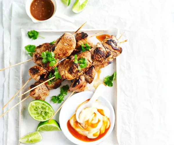 Pork skewers with sriracha aioli