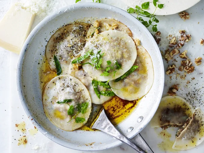 Mushroom and goat’s cheese ravioli