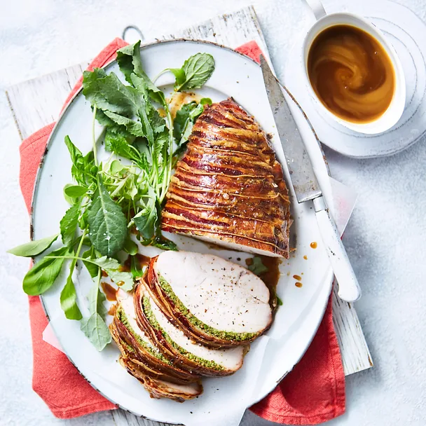 Herb-brined turkey breast in pancetta