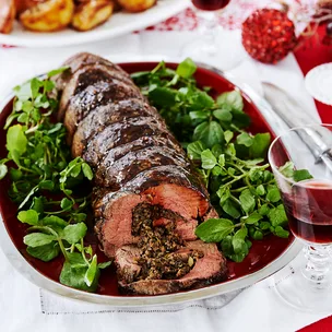 Mushroom filled beef fillet with port sauce