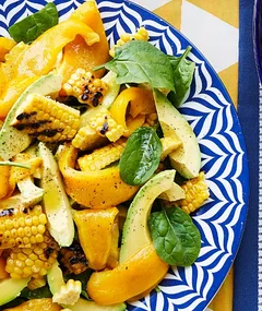 Barbecued corn, spinach and avocado salad