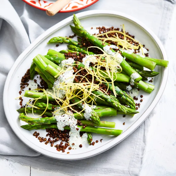Asparagus with crisp lentils and herb yoghurt