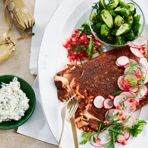 Salmon pastrami with yoghurt tartare and pickled cucumbers