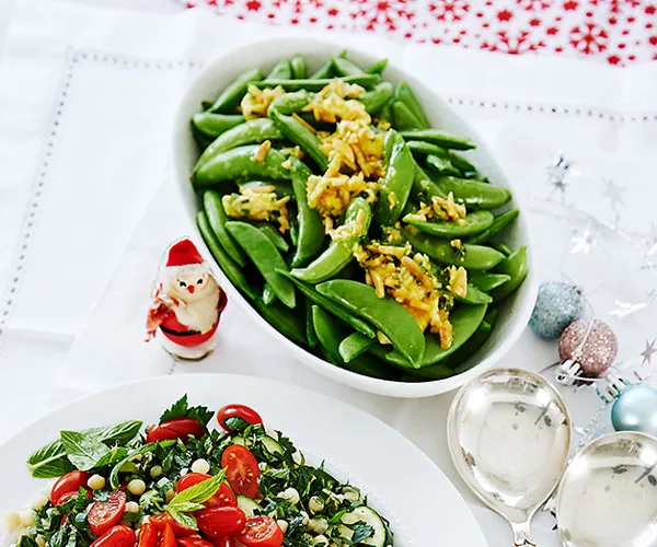 Sugar snap peas with saffron almond butter