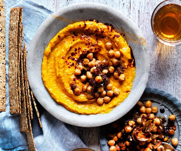 Roast pumpkin dip with spiced chickpeas