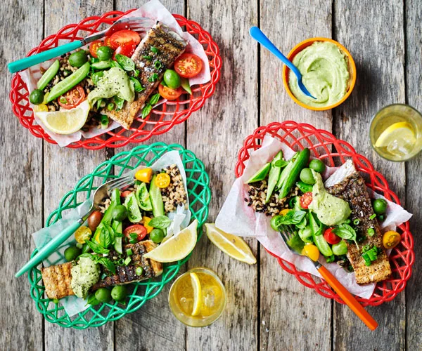 Sumac fish with barley salad and avocado cream