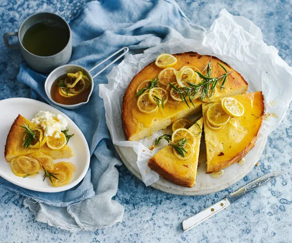 Polenta and ricotta cake with rosemary lemon syrup