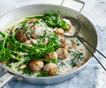 One-pan pork and almond meatballs with kale and broccolini