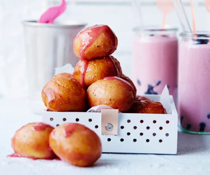 Doughnut balls with blueberry glaze