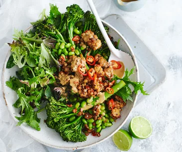 Roasted broccolini, edamame and chilli tempeh salad