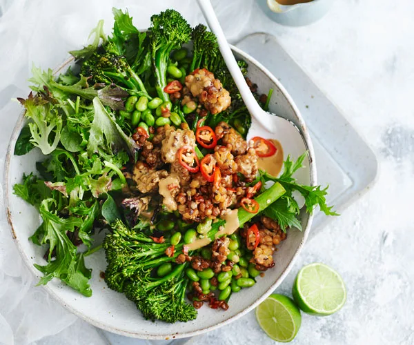 Roasted broccolini, edamame and chilli tempeh salad