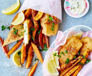 Beer-battered tofu and wedges