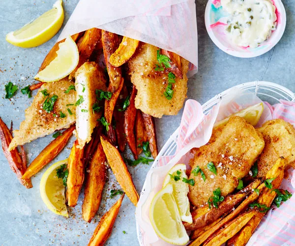 Beer-battered tofu and wedges