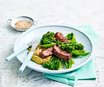 Cumin-spiced steak with white bean hummus