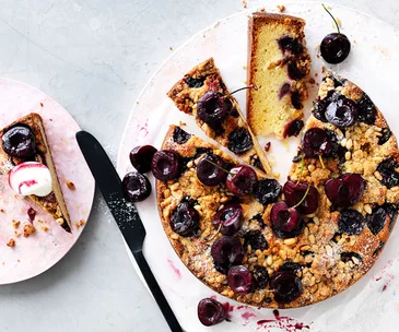 Cherry and pine nut crumble cake
