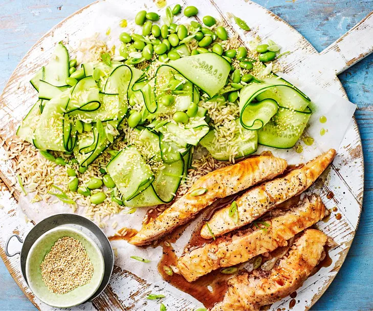 Teriyaki salmon with edamame and cucumber rice salad