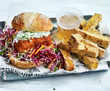 Fish schnitzel butties with polenta chips