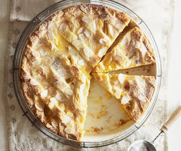 Poached pear and polenta tart