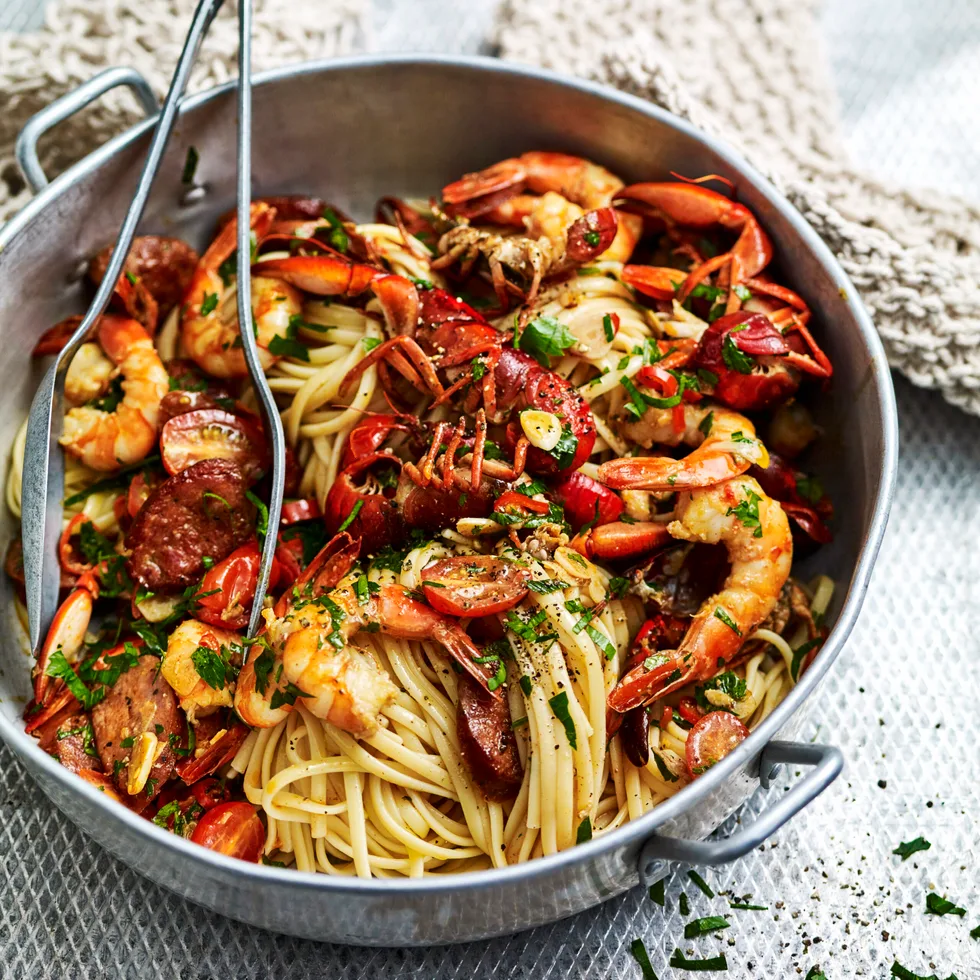 Linguine with garlic prawns & chorizo