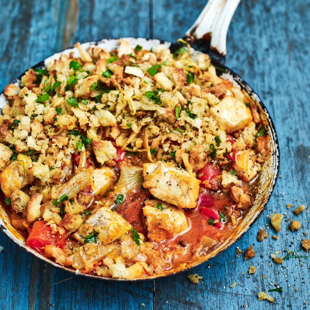 Mediterranean fisherman's pie recipe in a frying pan