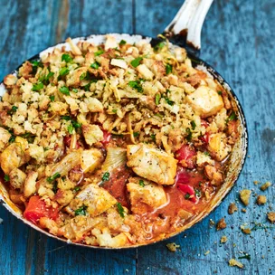Mediterranean fisherman's pie recipe in a frying pan