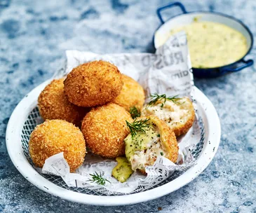 Smoked trout croquettes with herby dipping sauce