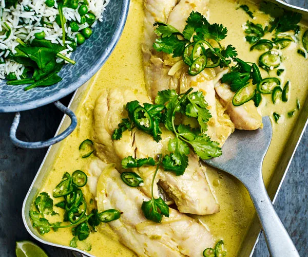 Turmeric fish curry with green rice