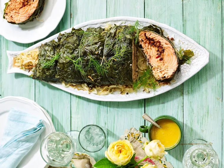 Maggie Beer's baked salmon wrapped in vine leaves