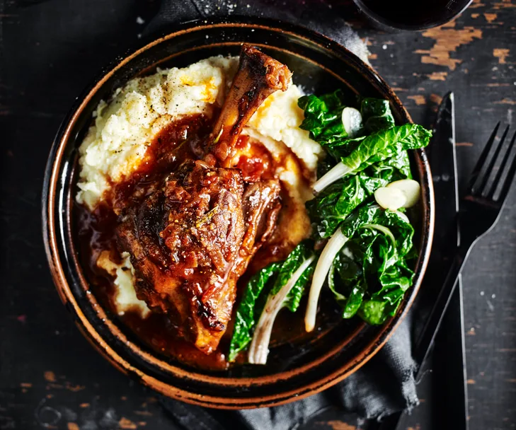 Lamb shanks with mash and silverbeet