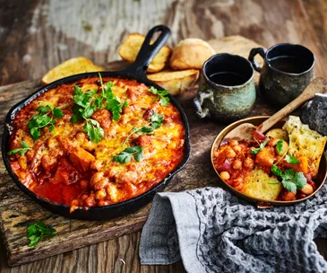 Cheesy smoked baked beans with pumpkin