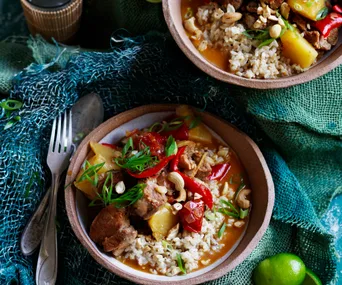 Sweet and sour pork stew with coconut rice