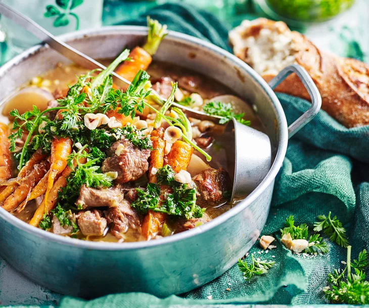 Irish stew with carrot-top salsa verde