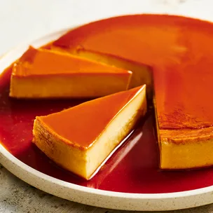 creme caramel on a plate swimming in caramel