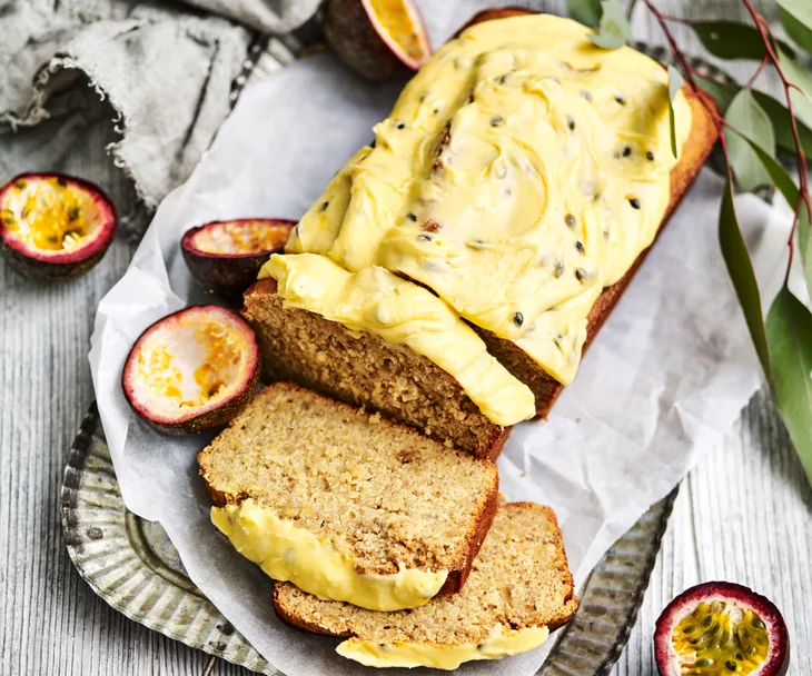 Banana bread with passionfruit icing