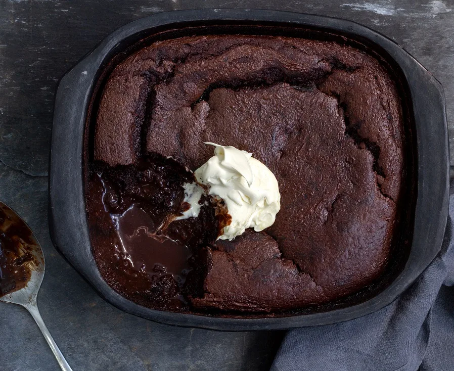 Low sugar, gluten free chocolate self-saucing pudding