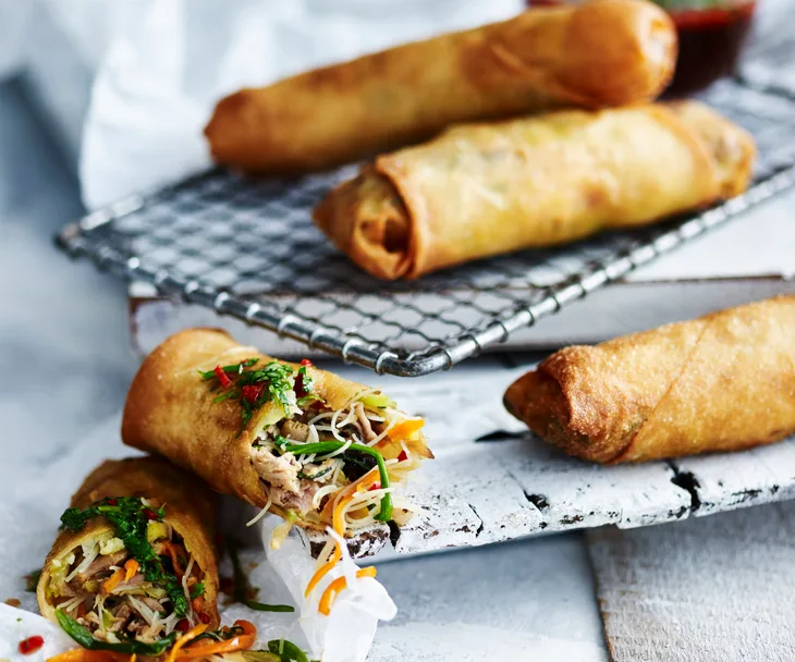 Pork and noodle spring rolls