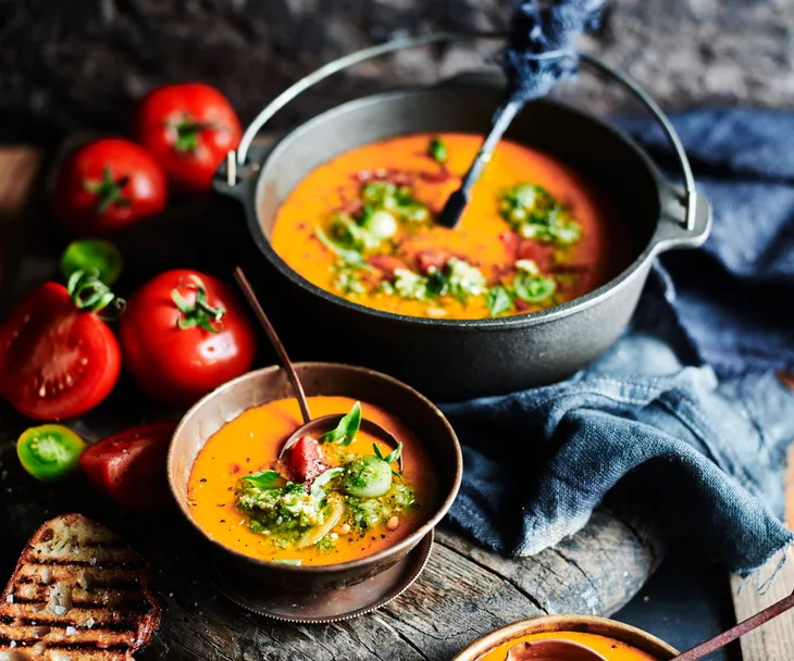 Roasted tomato soup with broccoli pesto