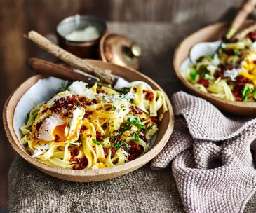 Chorizo and poached egg tagliatelle