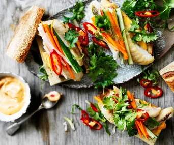 Fish banh mi with pickled vegetables & spicy mayonnaise